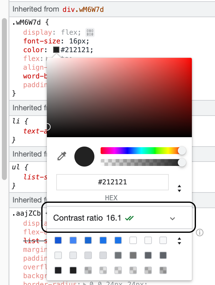 Contrast ratio checker in Chrome Dev Tools color picker