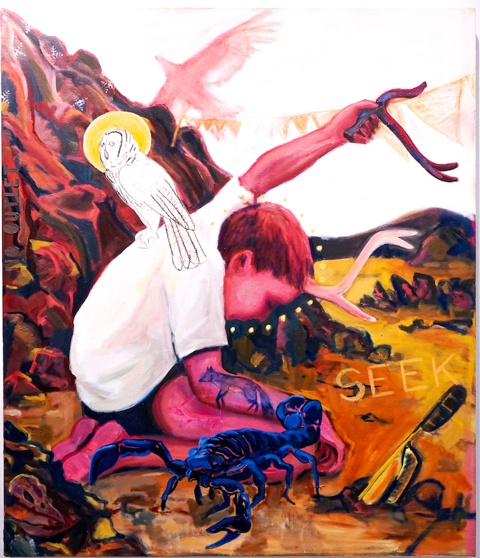 A pink antlered child crouches on an orange ground. On his shoulder is an owl. The word SEEK is carved on the ground. The painting is by Colin Fleck and is called “Bargain.” The hybrid child holds a divining rod.