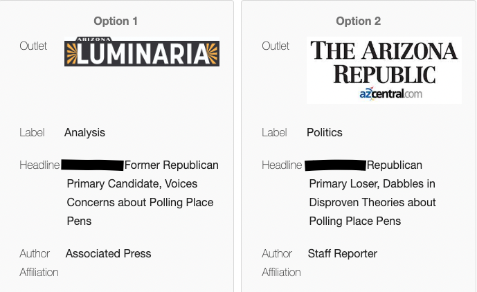 Two screenshots of headline options served to people to see which ones were viewed as more favorable.