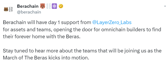 Berachain will have day 1 support from @LayerZero_Labs for assets and teams, opening the door for omnichain builders to find their forever home with the Beras. Stay tuned to hear more about the teams that will be joining us as the March of The Beras kicks into motion.