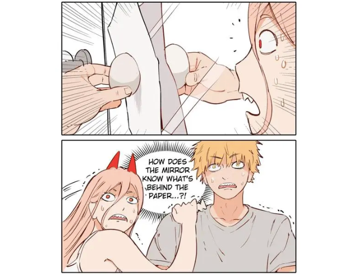 Two panels of “Chainsaw Man” fan art cartoon depicting (panel 1) hand holding egg behind paper on mirror, female face gasping and sweating, (panel 2) female clutching male, both looking fearful, with text “How does the mirror know what’s behind the paper?!”