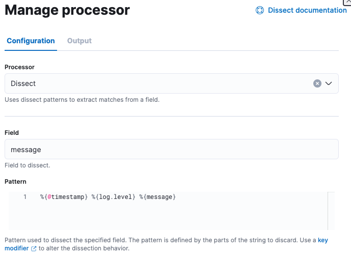 Screen capture of the dissect  processor definition