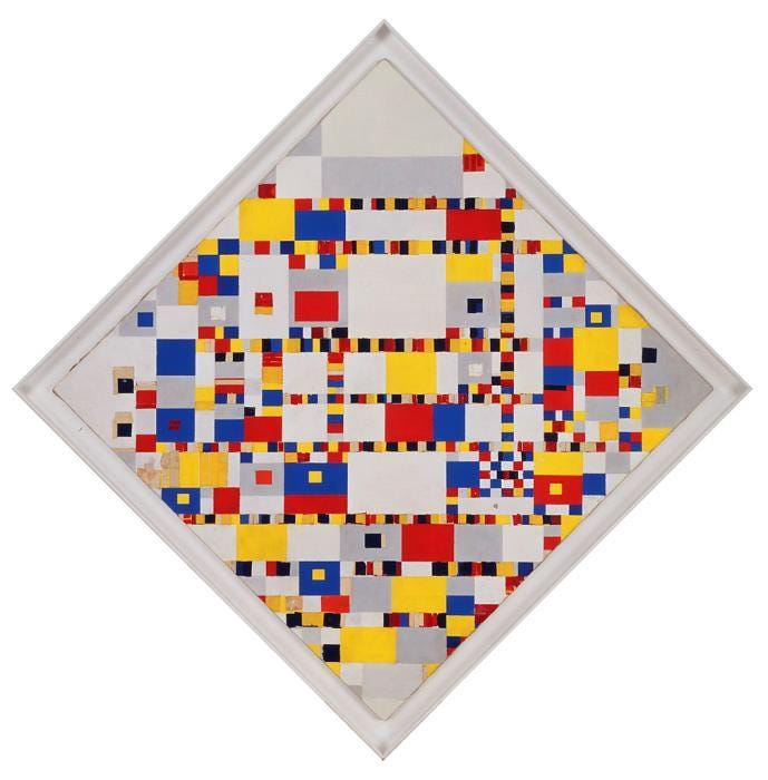 On a white diamond-shaped surface, a profusion of blue, black, yellow, and red squares (and some rectangles) of various sizes form checkered bands and flat angular structures.