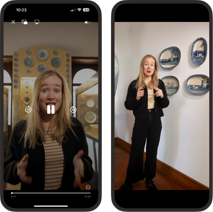 Two mobile screen captures from Musée Ariana’s webapp. Left: A woman speaks with paused video controls, behind her a display of circular plates. Right: The same woman gestures with hands, framed by ornate blue and white plates on a wall.