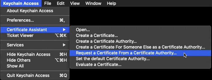 A screenshot of the macOS Keychain Access App and how to Request a Certificate From a Certificate Authority