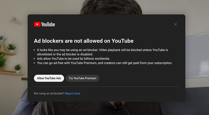 YouTube rollout of the ad blocker warning popups, showing that Ad Blockers aren’t allowed on the platform.