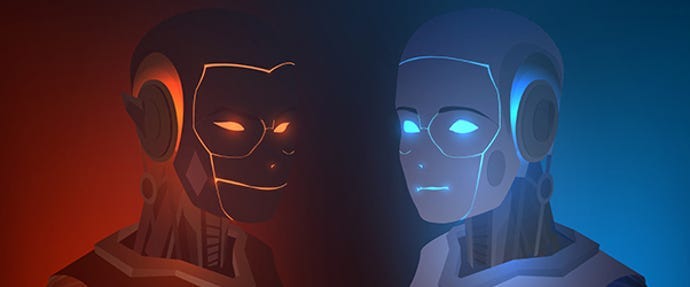 Two red and blue robots that represent evil and good robot shutterstock image