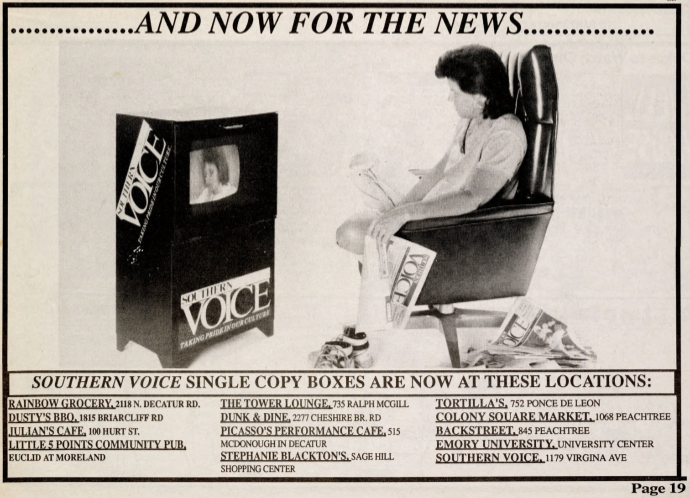 Image showing a woman sitting in an office chair facing a Southern Voice newspaper copy box, with single issues of The Southern Voice on the floor. Beneath the image is a list of 13 locations in Atlanta with Southern Voice newspaper boxes.