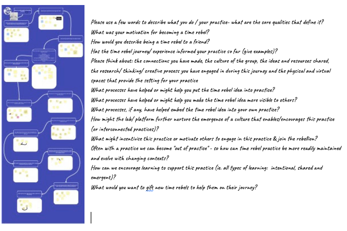 questions on a Miro white board for this shared enquiry around practice, motivation for becoming a time rebel, describe being a time rebel, how this informed their practice, processes that have helped and suggestions for future time rebels