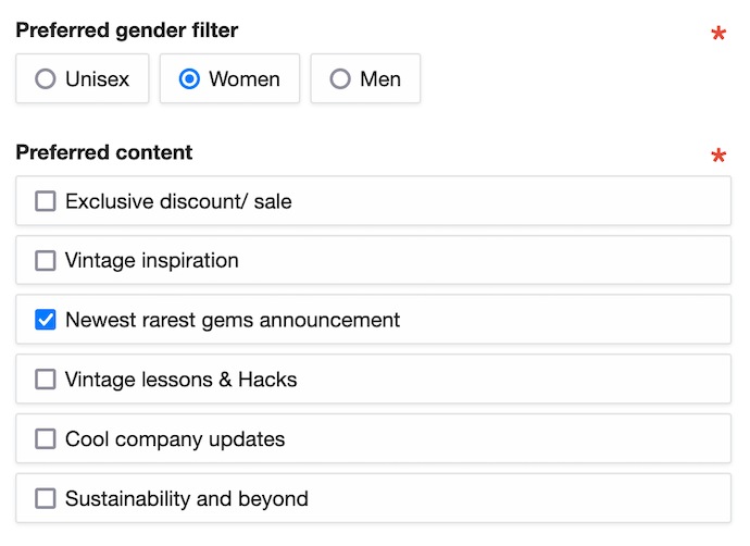 A screenshot of two filters: the first one is about gender (three radio buttons are available, and the options are unisex, women, men); the second is about preferred content, with some checkboxes (for example: vintage inspiration and cool company updates).