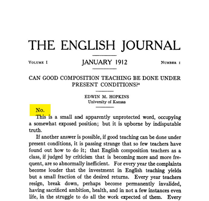 Screenshot of Edwin H. Hopkins’ article, “Can Good Composition Teaching Be Done Under Present Conditions” from 1912.