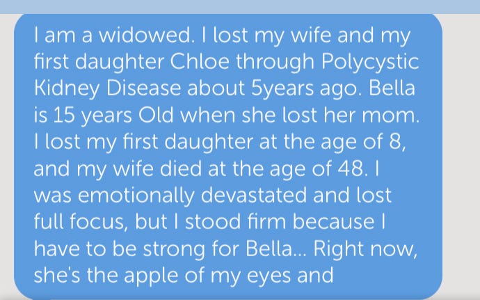 WWF chat: I am widowed. I lost my wife and my first daughter Chloe through Polycystic Kidney Disease about 15 years ago.