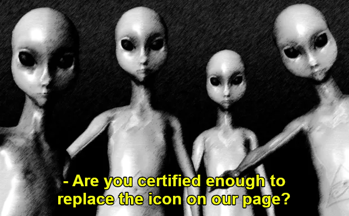 Image of 4 aliens looking for someone who could replace the icon on their page.