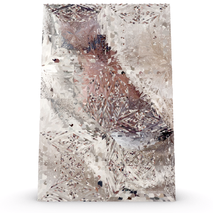 A digital rendering of what appears to be a three-dimensional block of shattered glass with reflections of pink and white appearing in its surface.