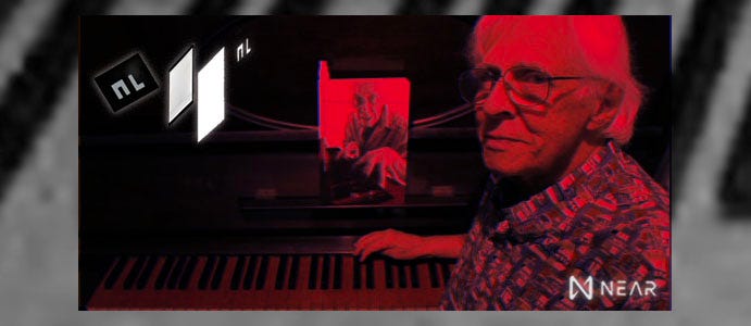 A photo of Gilberto Mendes in front of a piano looking at the camera styled in tons of red with the logos of Nomade Label and NEAR.
