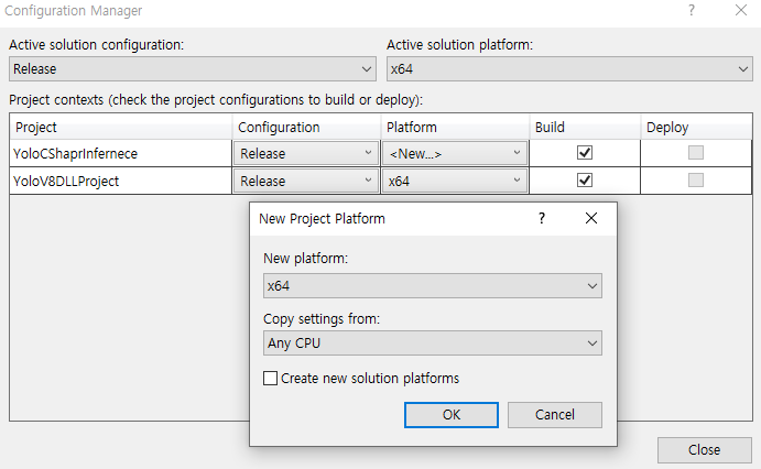 Visual Studio Configuration Manager dialog box displaying the ability to set up new project platforms, such as changing a project to target x64 architecture, which is crucial for managing builds for this project.