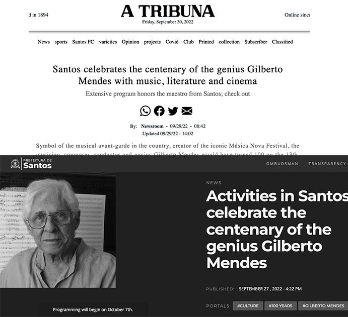 Screenshots of the celebrations of 100 years of Gilberto Mendes in the news.