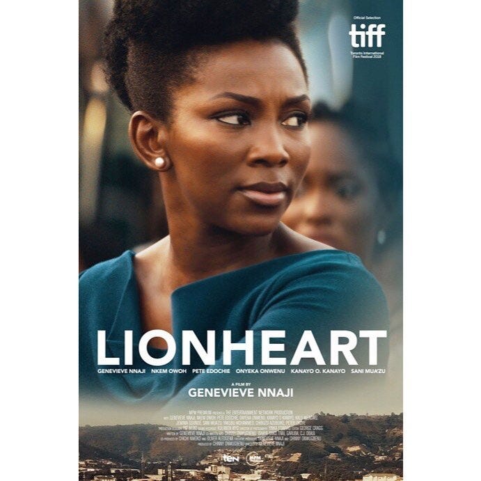 Lionheart Movie poster showing Actress Genevieve Nnaji and Out of focus Jemima Osunde in the background