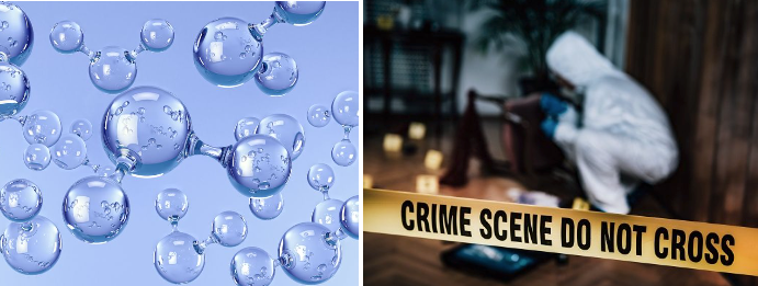 Two images side-by-side. On the left are water droplets arranged in the shape of the H2O molecule. On the right is yellow tape that says “Crime scene” behind which is a person in a hazmat suit.