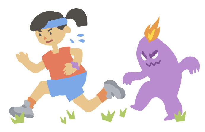 An illustration of me running away from a purple monster with a flame on its head