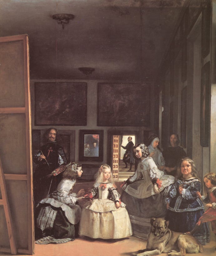 Painting titled Las Meninas by Diego Velázquez showing a scene inside a room of the royal palace with the infanta margarita and her maids of honour, a dog, and a reflection of the king and queen in the mirror.