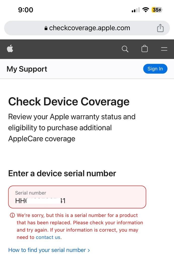 Serial number check on Apple coverage website