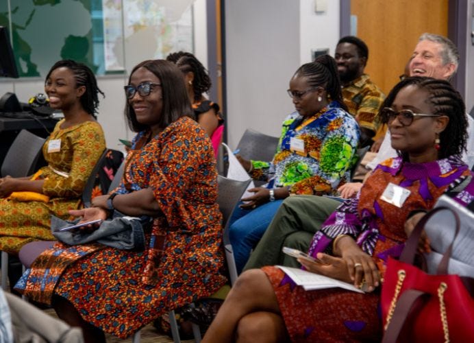 Fellows from the Food Systems Research Network for Africa at a summer school at the University of Leeds in June 2022. Women and a man sat in a room. Picture by Mike Bickerdike.