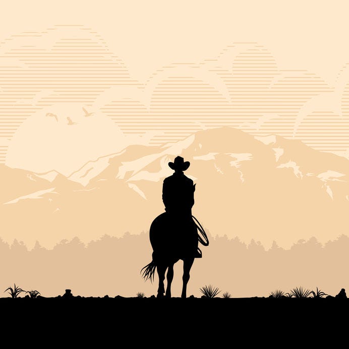 Silhouette of lonesome cowboy riding horse at sunset, Vector Illustration