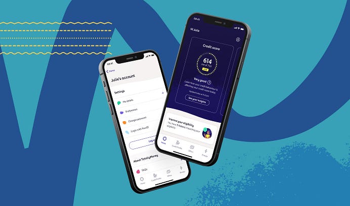Two phone screens showing the current designs of the TotallyMoney app
