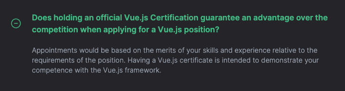 Screenshot of FAQ question of Vue.js certification page.