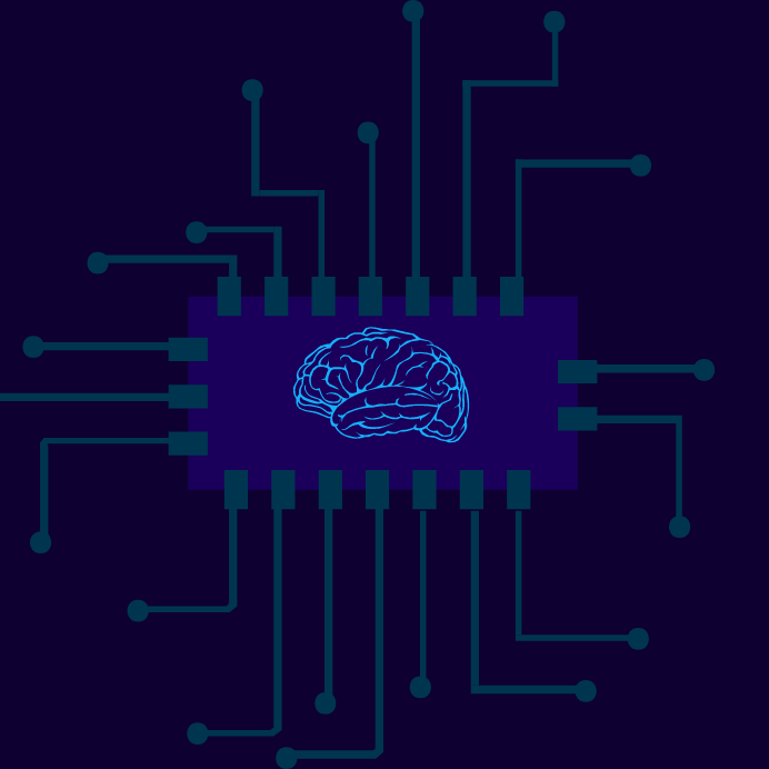 A stencil image of a brain appear to be fixed on top of a chip. The chip has lines coming out of it from all the different sides. The image has a dark blue theme