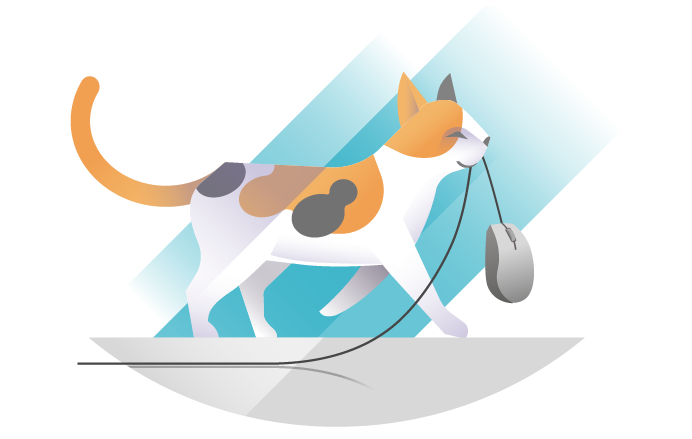 Illustration of a cat walking away with a computer mouse in its mouth.
