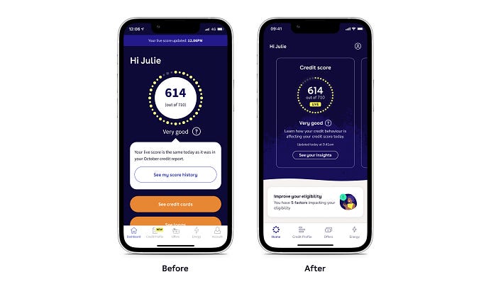 Two phone screens showing theTotallyMoney app before and after the redesign