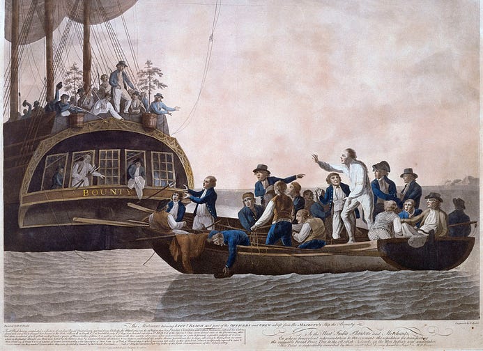 A drawn picture of the crew taking supplies off the HMS Bounty