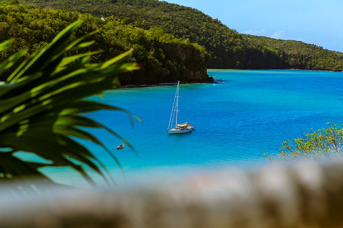 A tropical island with a boat on the blue water