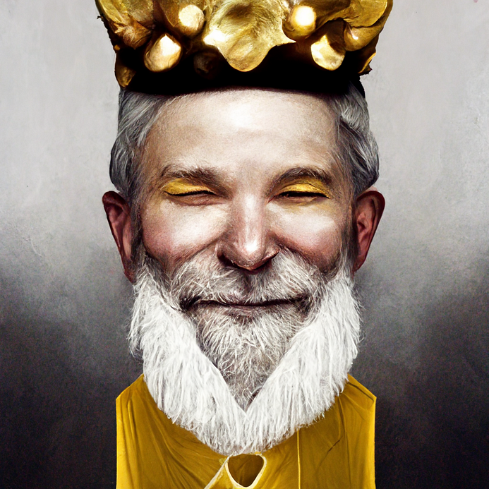 A digital rendering of a king with a white beard and a silly look