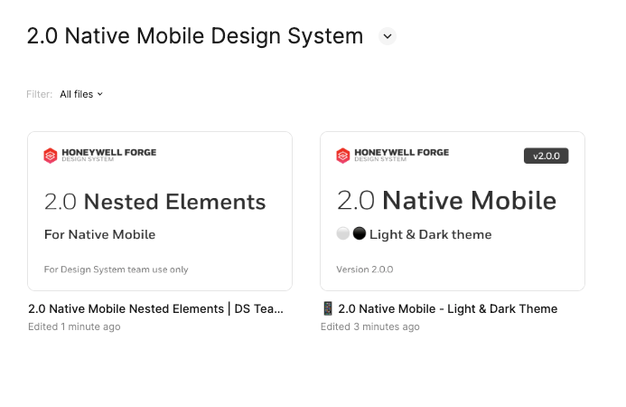 A project in Figma that has two files in it with one named ‘2.0 Nested Elements’ and the other named ‘2.0 Native Mobile’