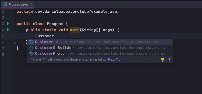 An image showing the IntelliJ autocomplete successfully recognized autogenerated classes