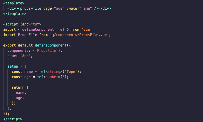 Code to show the implementation of typing props in a Vue project