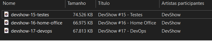 Imagem com o resultado dos 3 downloads no file explorer, três arquivos com tamanhos distintos vindos do site do podcast