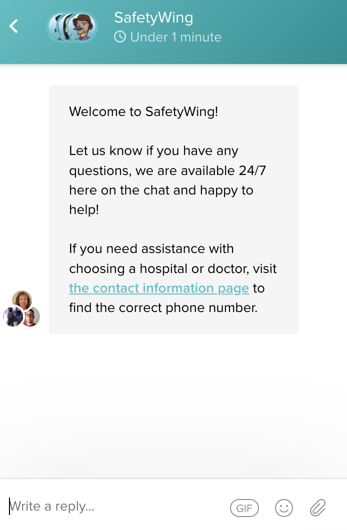 A screenshot of the SafetyWing chat box.