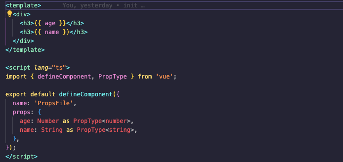 Code to show the implementation of typing props in a Vue project