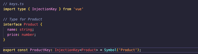 Code to show the implementation of exporting Symbols for typing provide/inject in a Vue project