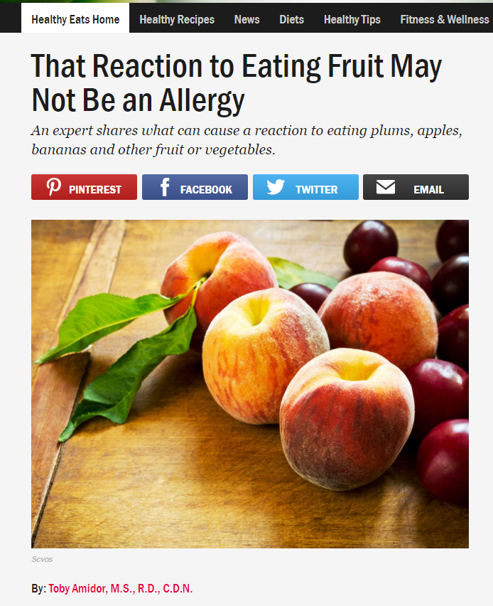 Screen shot of the Food Network article about OAS. The headline claims OAS is not an allergy.