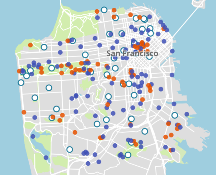 Map of San Francisco with blue and red dots representing drinking fountains and bathrooms repectivly