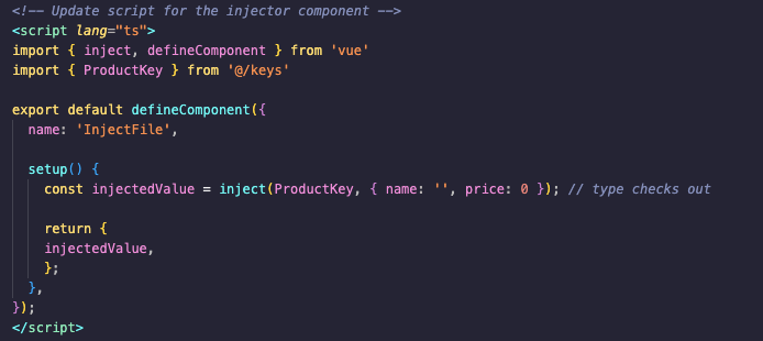 Code to show the implementation of typing injector in a Vue project