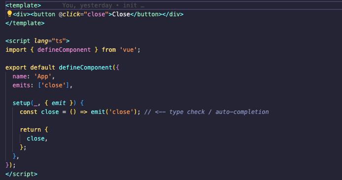 Code to show the implementation of typing emits in a Vue project