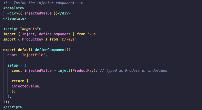 Code to show the implementation of typing injectors in a Vue project