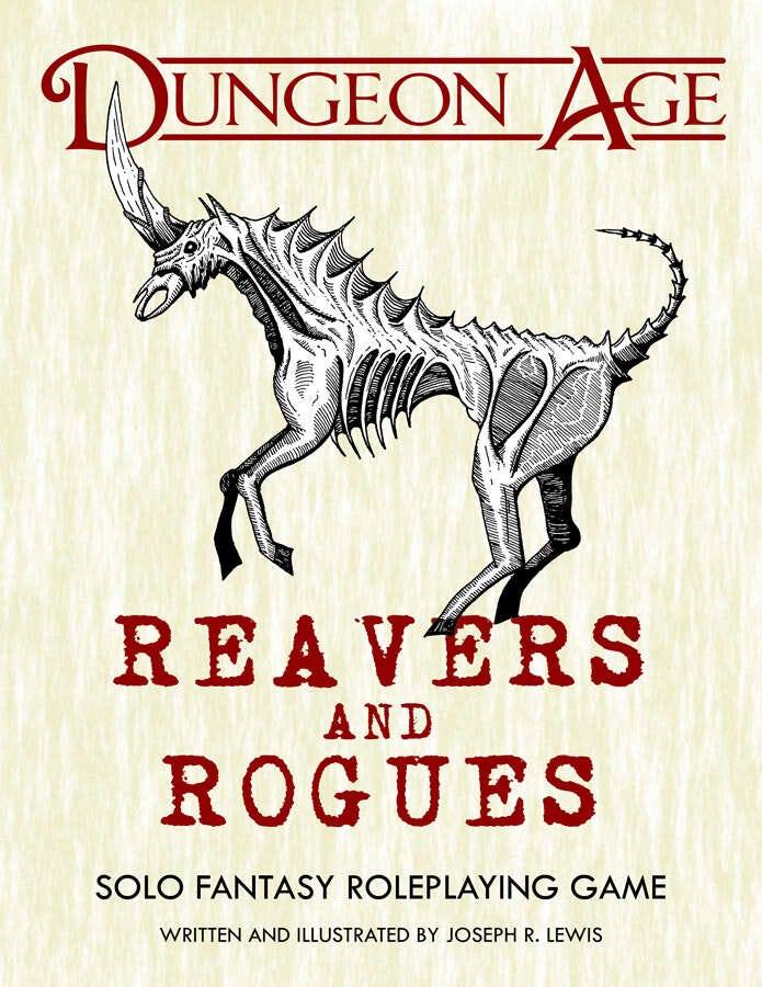 Reavers and Rogues cover image: red text of title and series name (Dungeon Age) on cream background with b/w image of evil unicorn