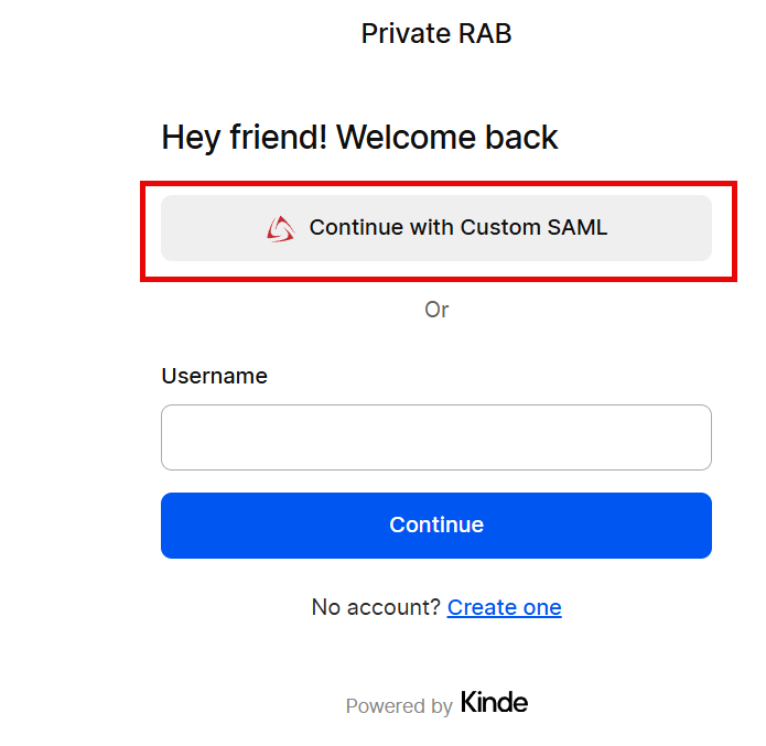 Image of Kinde login screen woth “Contine with custaom SAML” button
